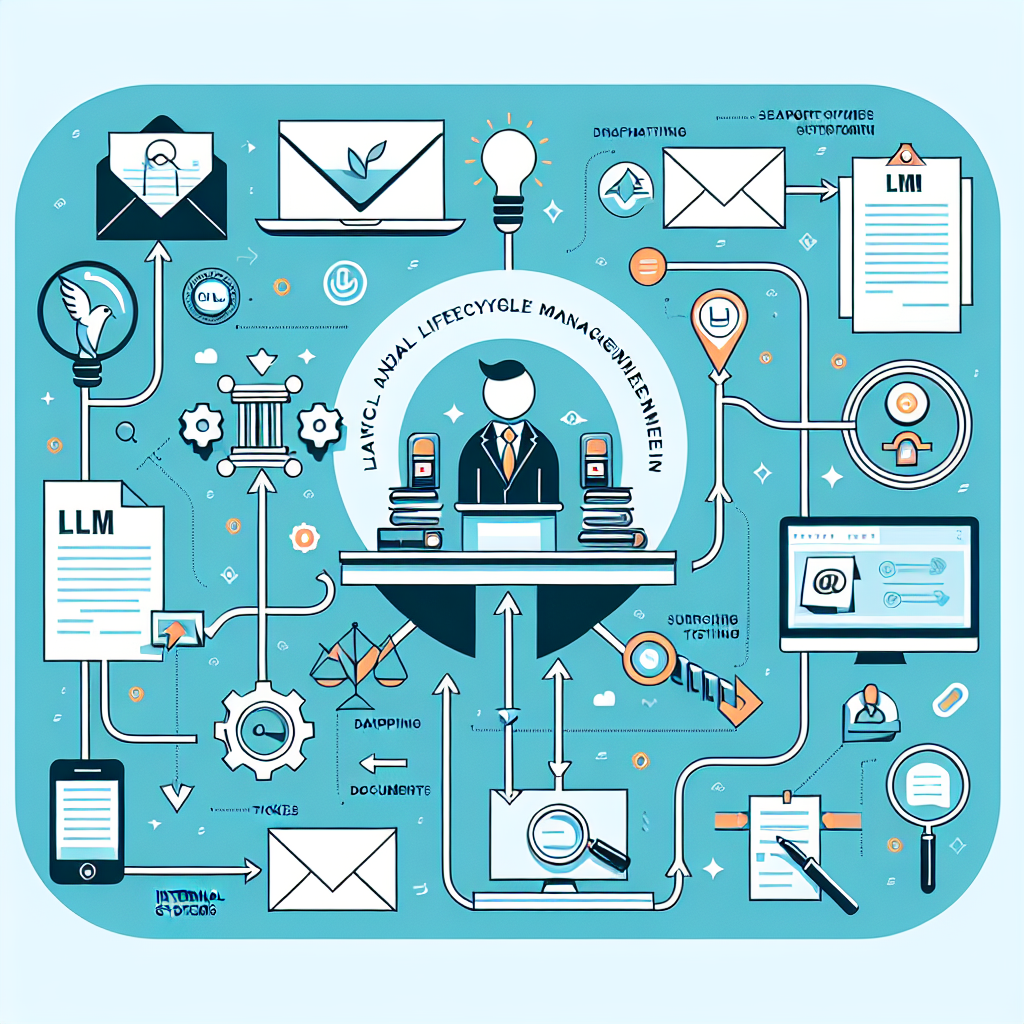 A simple workflow diagram showing an LLM sitting between email, documents, support tickets, and internal systems, with arrows for drafting, summarizing, searching, and routing tasks.