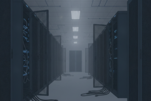 A sparse server room with several open cabinet doors revealing equipment, rendered in cool grays and blues. Cable pathways are faintly visible between the hardware.