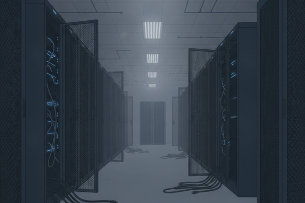 A sparse server room with several open cabinet doors revealing equipment, rendered in cool grays and blues. Cable pathways are faintly visible between the hardware.