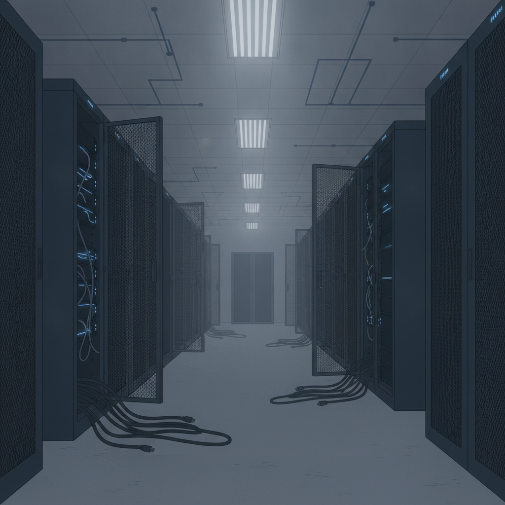 A sparse server room with several open cabinet doors revealing equipment, rendered in cool grays and blues. Cable pathways are faintly visible between the hardware.