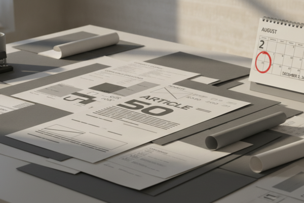 Overlapping policy documents and calendar pages on a desk, highlighting legal text corrections and compliance dates.