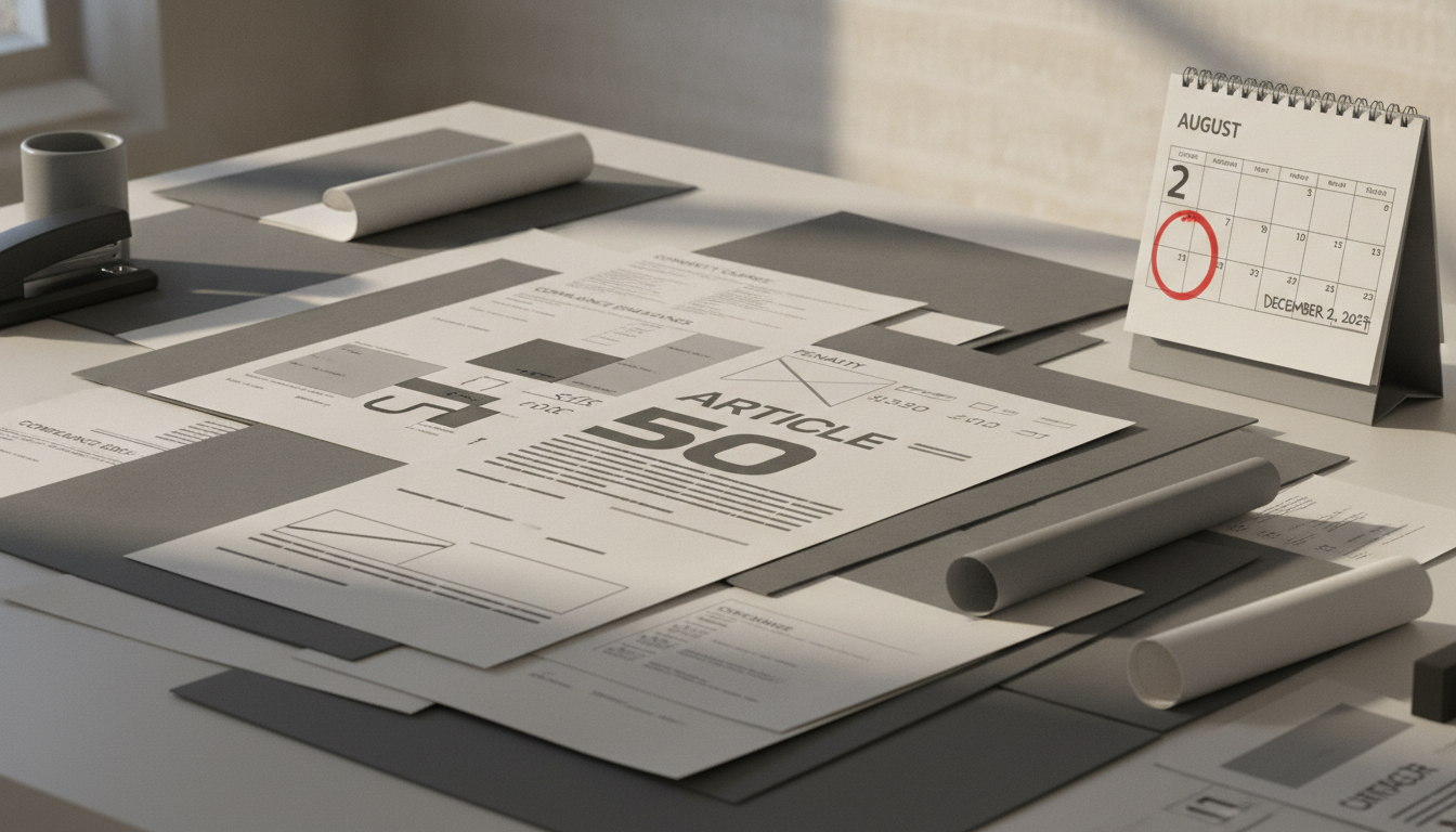 Overlapping policy documents and calendar pages on a desk, highlighting legal text corrections and compliance dates.