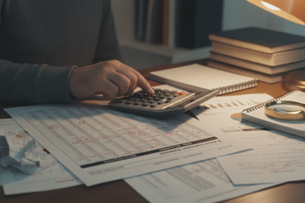 A financial analyst's desk with spreadsheets, calculation papers, and a hand paused above a keyboard, surrounded by handwritten notes and check marks indicating verification work.