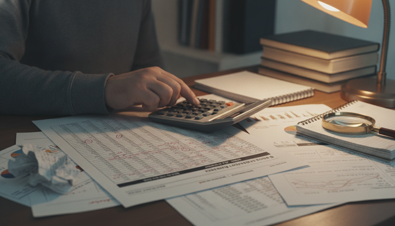 A financial analyst's desk with spreadsheets, calculation papers, and a hand paused above a keyboard, surrounded by handwritten notes and check marks indicating verification work.