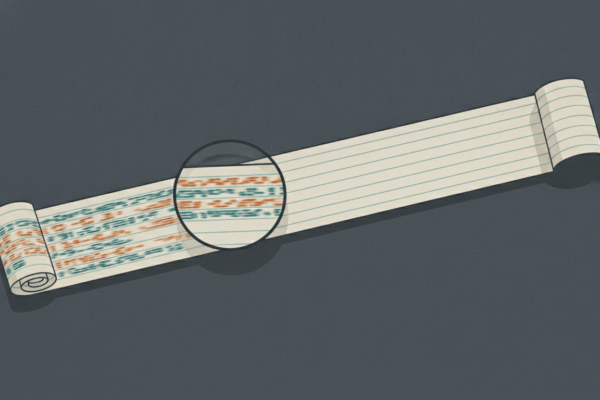A paper record tape unspooling across a dark desk, its printed rows fading to blank partway along, with a magnifier over the last legible section.