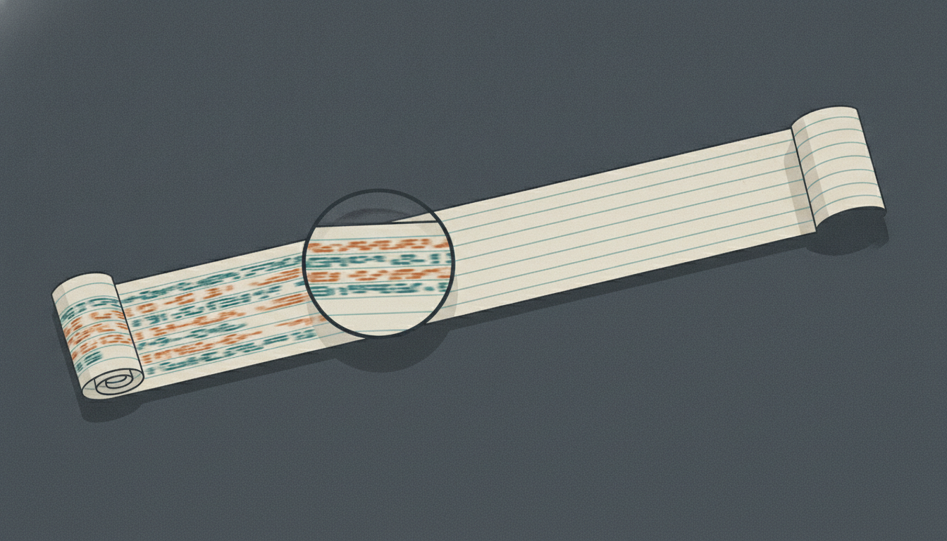 A paper record tape unspooling across a dark desk, its printed rows fading to blank partway along, with a magnifier over the last legible section.
