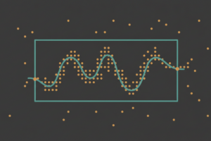 A wavy line threaded exactly through every dot inside a rectangular chart frame, while a loose scatter of dots outside the frame is left untouched by it.