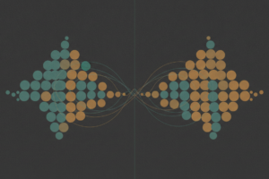 Two clusters of teal and amber dots on a dark ground, separated by a thin vertical line, with faint curved threads crossing between them.