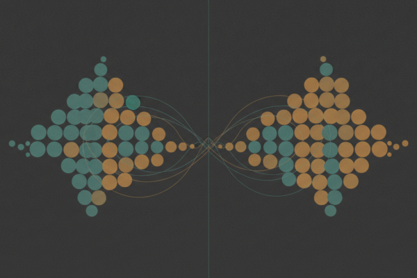 Two clusters of teal and amber dots on a dark ground, separated by a thin vertical line, with faint curved threads crossing between them.