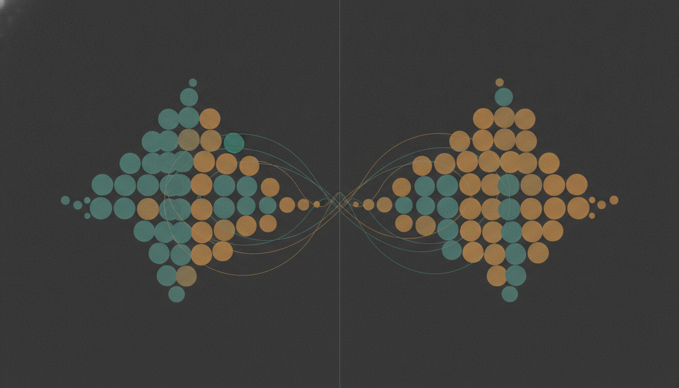 Two clusters of teal and amber dots on a dark ground, separated by a thin vertical line, with faint curved threads crossing between them.