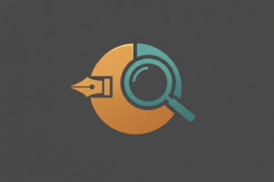 A circle split into two wedges on a dark ground: an amber wedge shaped around a pen nib, and a larger teal wedge shaped around a magnifying glass.