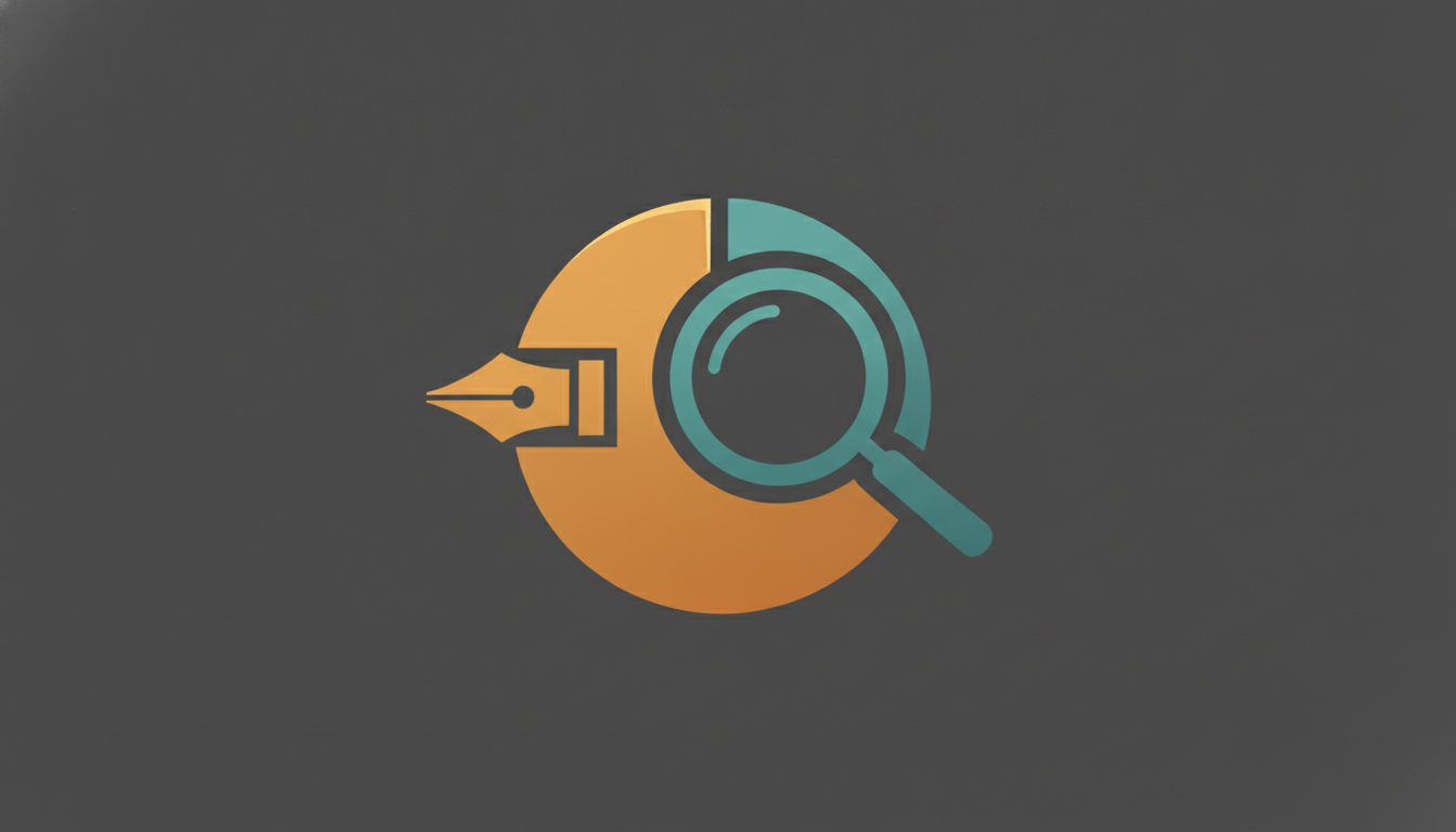 A circle split into two wedges on a dark ground: an amber wedge shaped around a pen nib, and a larger teal wedge shaped around a magnifying glass.