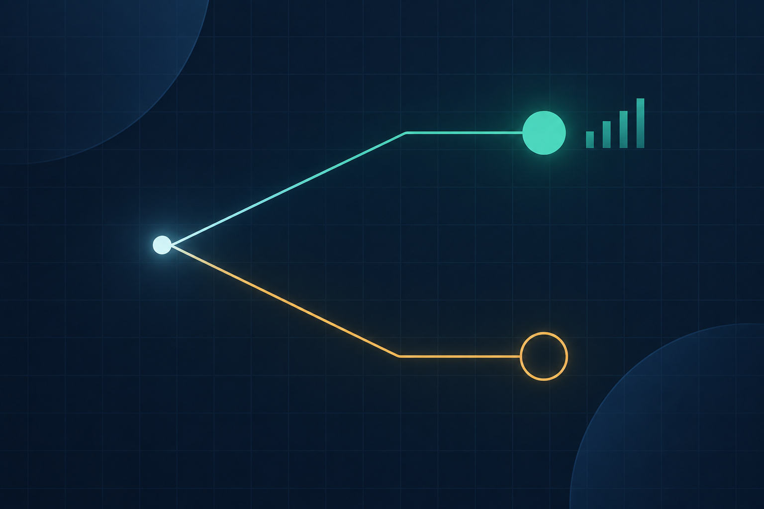 Abstract editorial illustration of a path forking into two outcomes, one a solid filled circle and one an empty outlined circle, with small confidence-score tick marks near the solid circle, in flat teal and amber vector style on a navy background.
