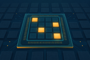Abstract editorial illustration of a GPU chip with a few glowing modules lit up and many more dimmed modules behind it, in flat teal and amber vector style on a navy background, representing hot and cold experts.