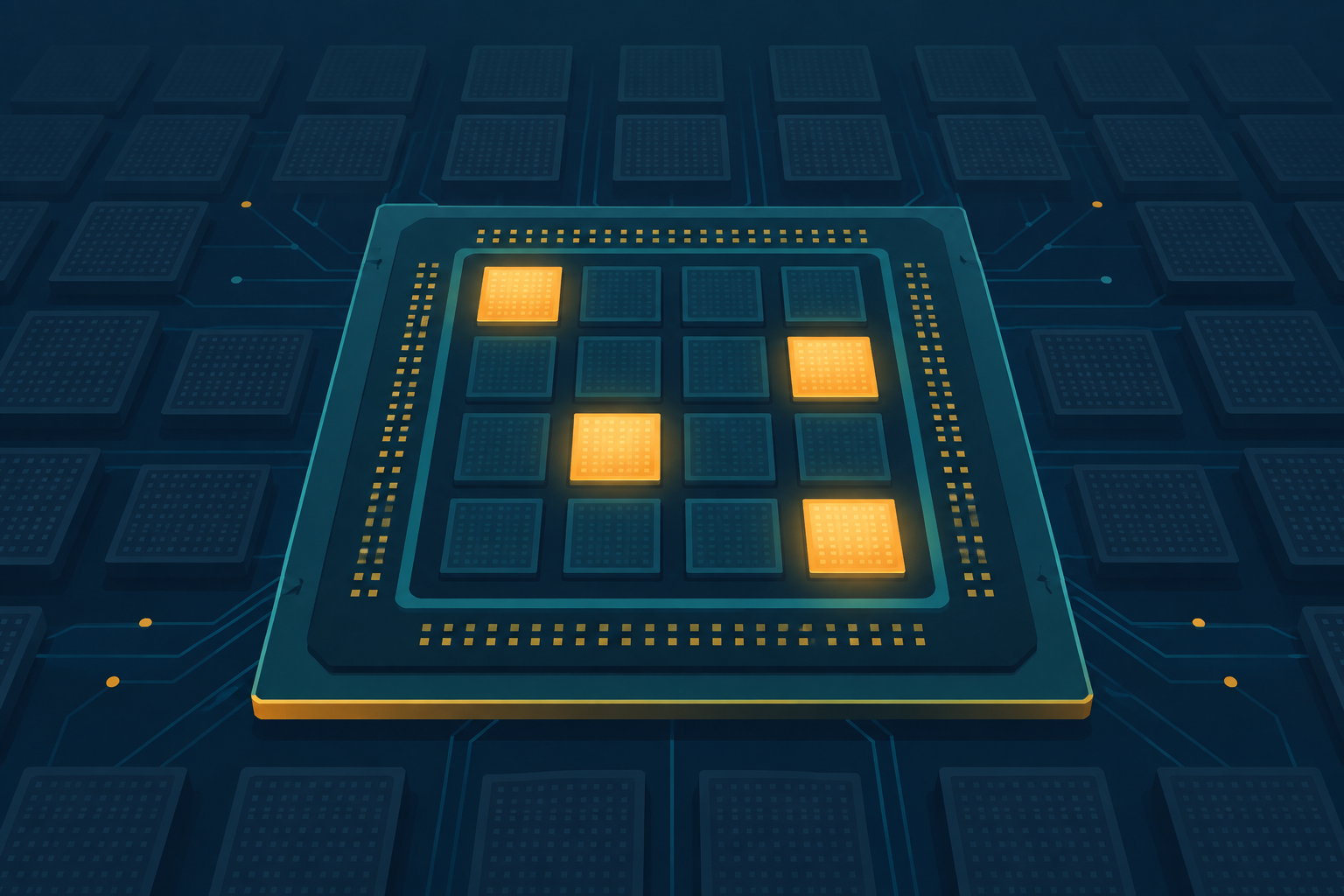 Abstract editorial illustration of a GPU chip with a few glowing modules lit up and many more dimmed modules behind it, flat teal and amber vector style on a navy background, representing hot and cold experts.