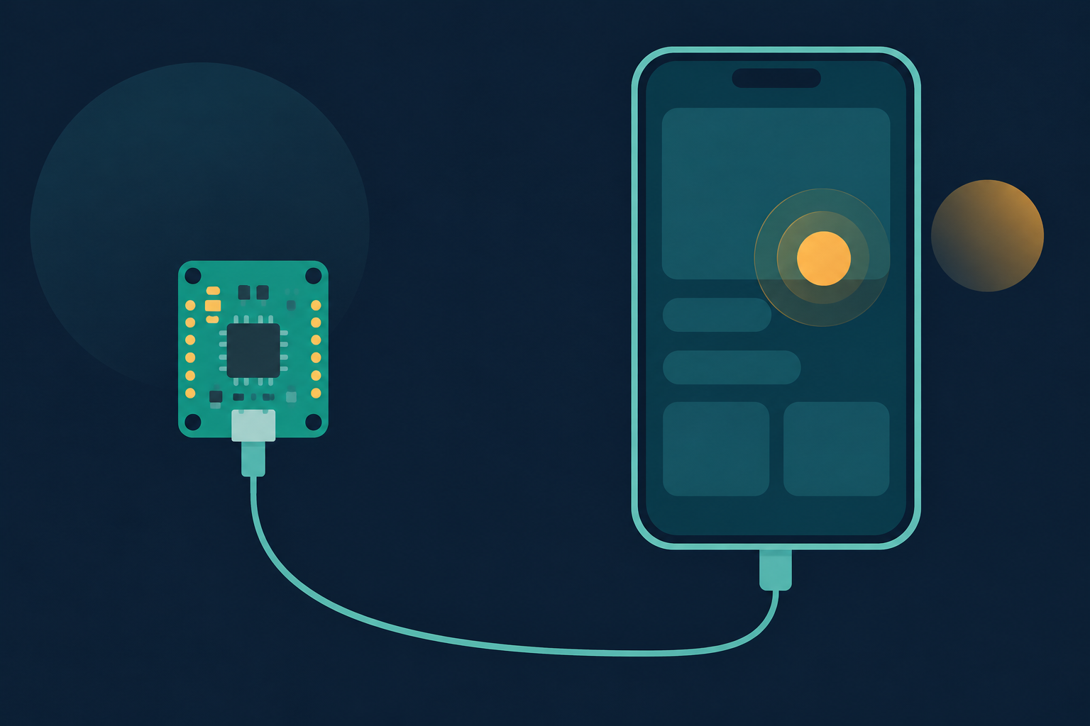 Abstract editorial illustration of a small teal circuit board joined by a thin cable to a smartphone, with a round amber pointer dot and ripple ring hovering on the screen, flat shapes on a navy background.