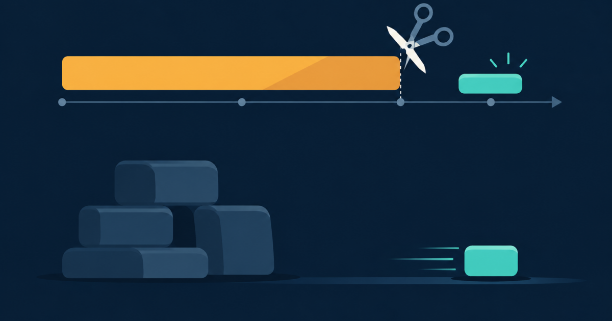 Abstract editorial illustration of a long amber timeline bar shrinking to a short teal bar, with heavy dimmed blocks idle beside one small bright block, flat shapes on a navy background.