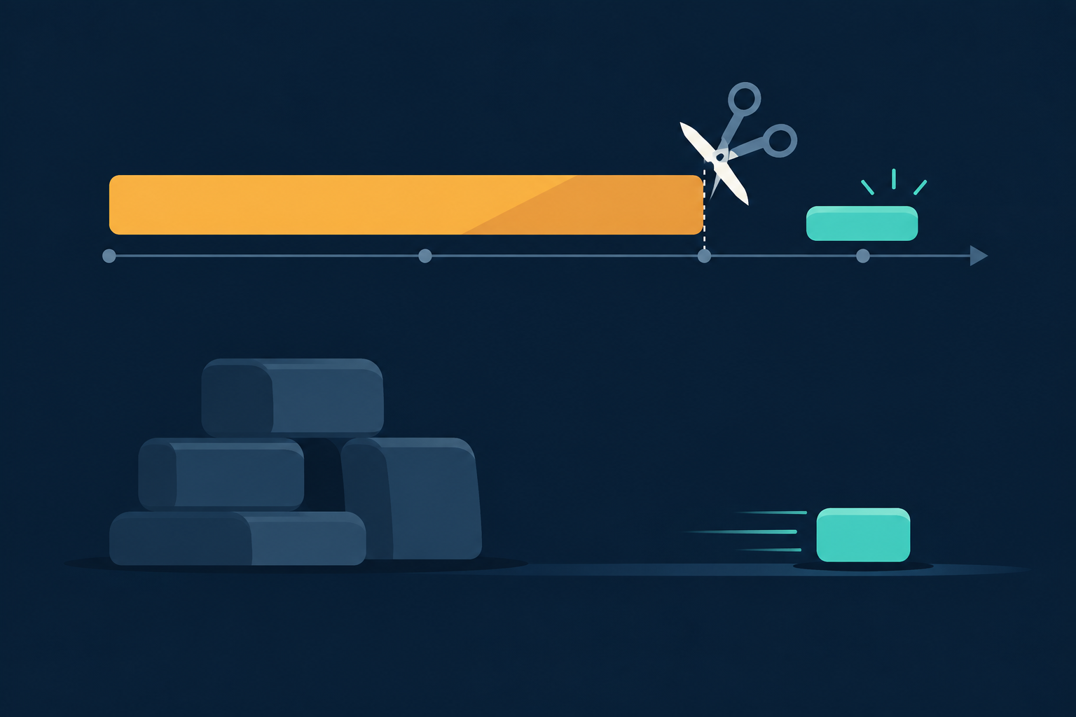 Abstract editorial illustration of a long amber timeline bar shrinking to a short teal bar, with heavy dimmed blocks idle beside one small bright block, flat shapes on a navy background.