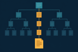 Abstract editorial illustration of a branching tree of nested rectangles with one highlighted amber path leading down to a single page, in flat teal and amber vector style on a navy background.