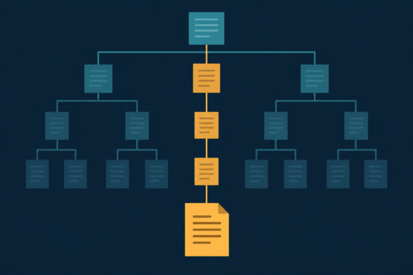 Abstract editorial illustration of a branching tree of nested rectangles with one highlighted amber path leading down to a single page, in flat teal and amber vector style on a navy background.