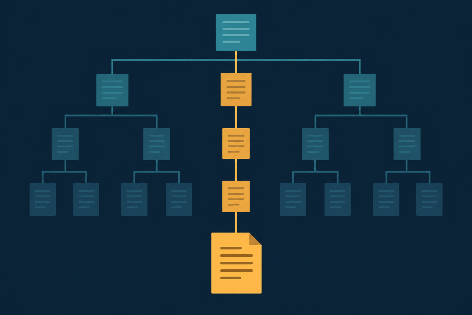 Abstract editorial illustration of a branching tree of nested rectangles with one highlighted amber path leading down to a single page, in flat teal and amber vector style on a navy background.