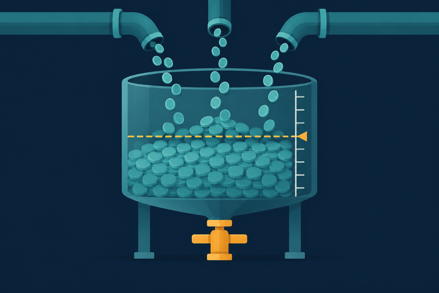 Abstract editorial illustration of a tank with a measuring line and an amber valve closing to stop a stream of teal coins, in flat teal and amber vector style on a navy background.