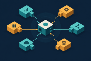 Abstract editorial illustration of a small core module connected by thin lines to several plug-in blocks, in flat teal and amber vector style on a navy background, suggesting a minimal core you extend yourself.