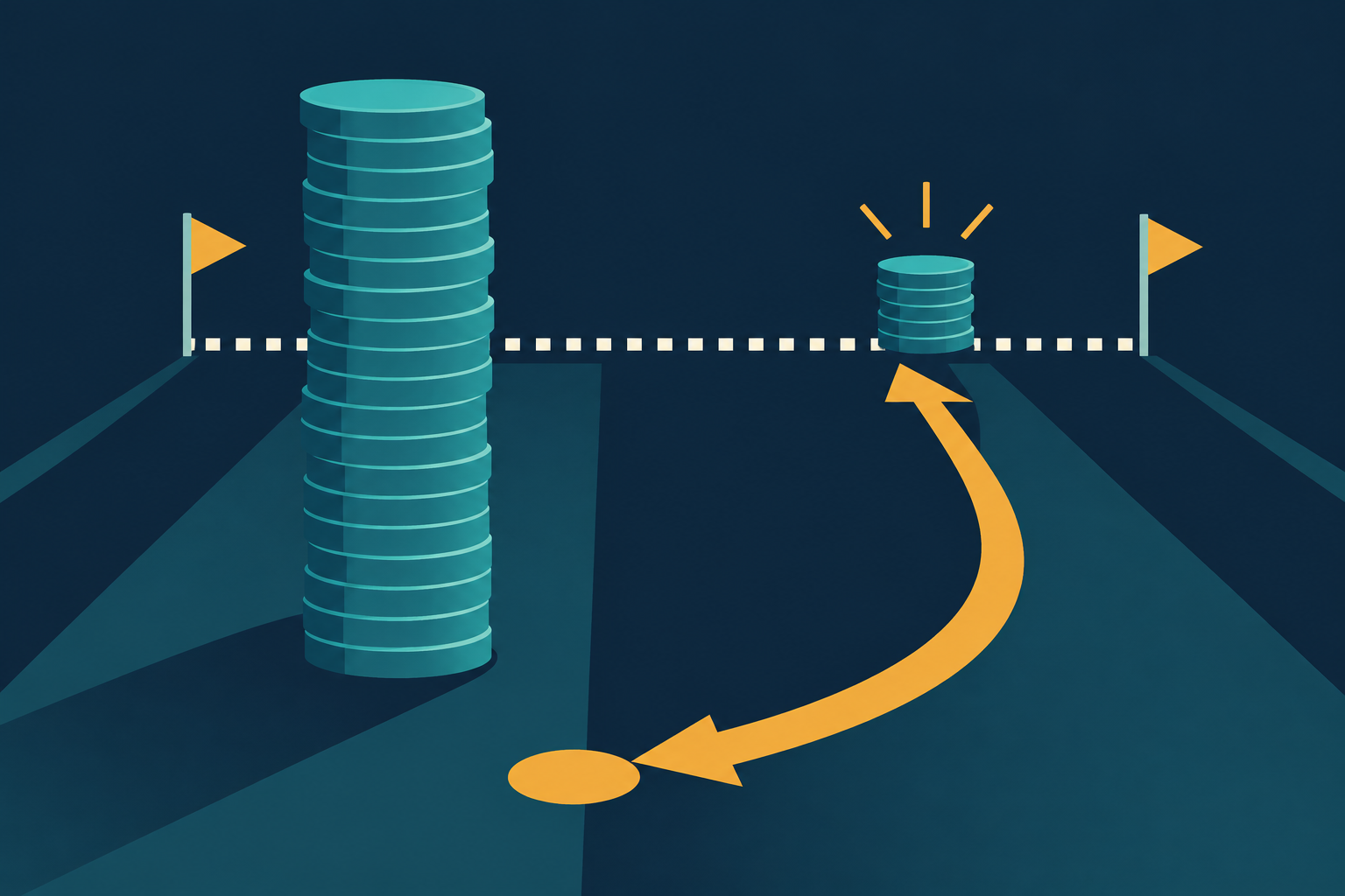 Abstract editorial illustration of a huge tower of teal coins stalled below a dotted line and a small stack that crossed it, with an amber arrow looping back to the start, flat vector style on navy.