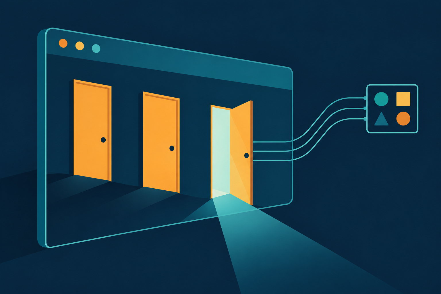 Abstract editorial illustration of a browser window with three amber doors on its edge, one open, and teal lines linking to a small panel, flat vector style on navy.