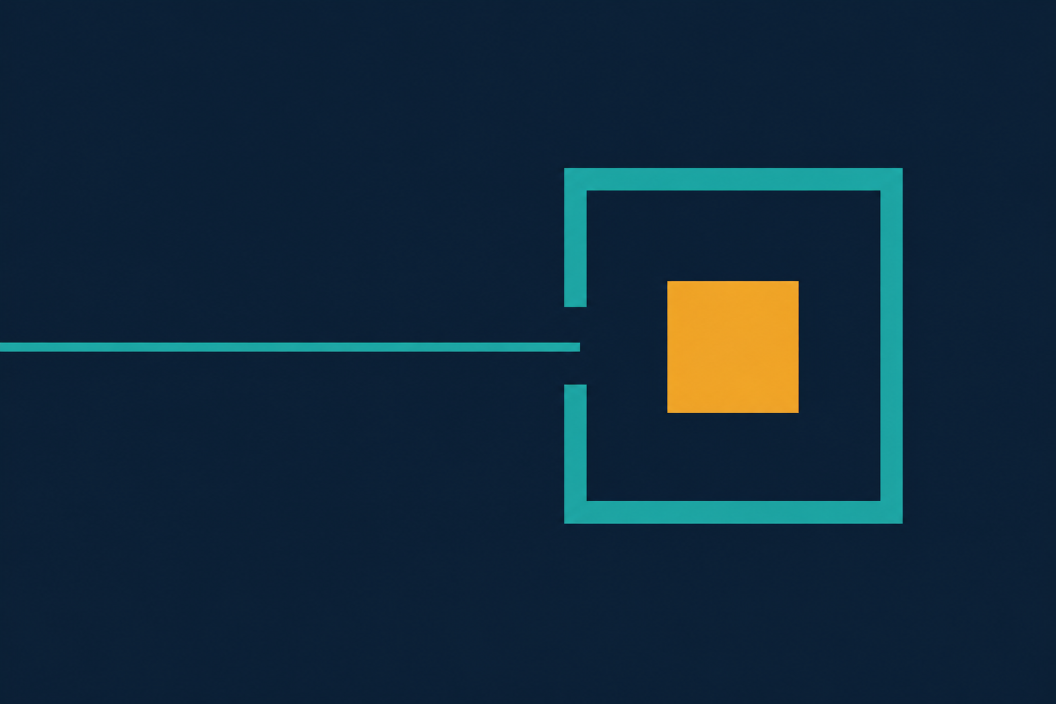 Abstract editorial illustration of a small amber box inside a larger teal frame with a thin line stopped at the frame edge, flat vector shapes on a navy background.
