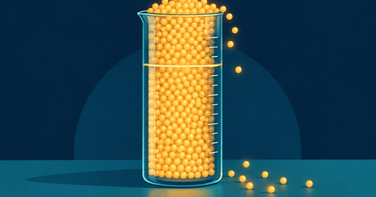 Abstract editorial illustration of a glass measuring jar filled with amber dots, a few spilling over a thin daily-limit line onto a teal surface, flat shapes on a navy background.