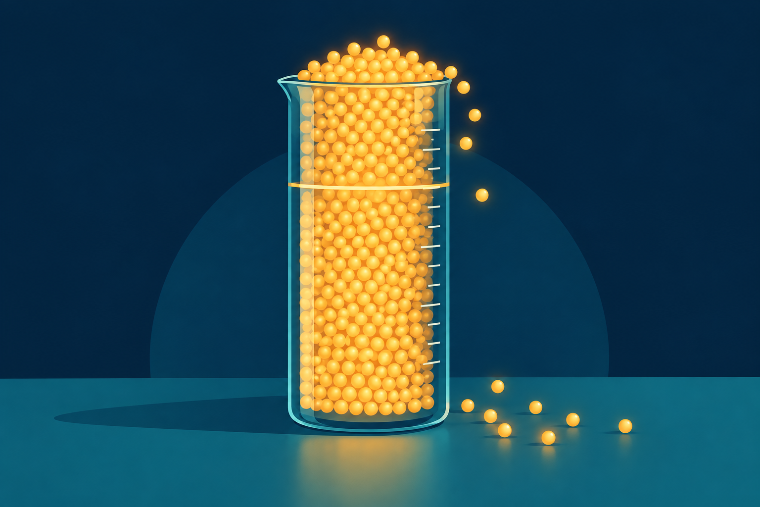 Abstract editorial illustration of a glass measuring jar filled with amber dots, a few spilling over a thin daily-limit line onto a teal surface, flat shapes on a navy background.