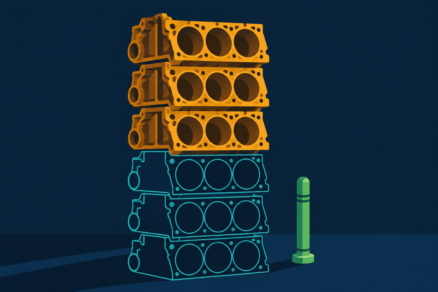 Abstract editorial illustration of a stack of amber engine blocks with three empty slots outlined in teal on a navy ground, one green marker beside the stack.