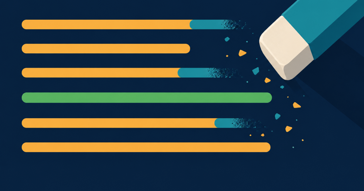 Abstract editorial illustration of a row of amber text lines with a few teal marks being erased while a single green line stays on a navy ground.