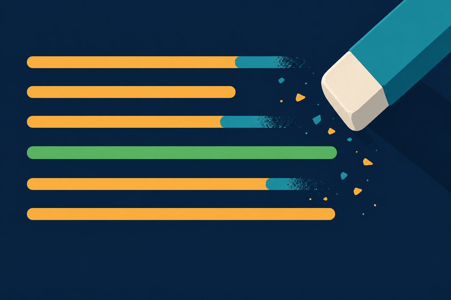 Abstract editorial illustration of a row of amber text lines with a few teal marks being erased while a single green line stays on a navy ground.
