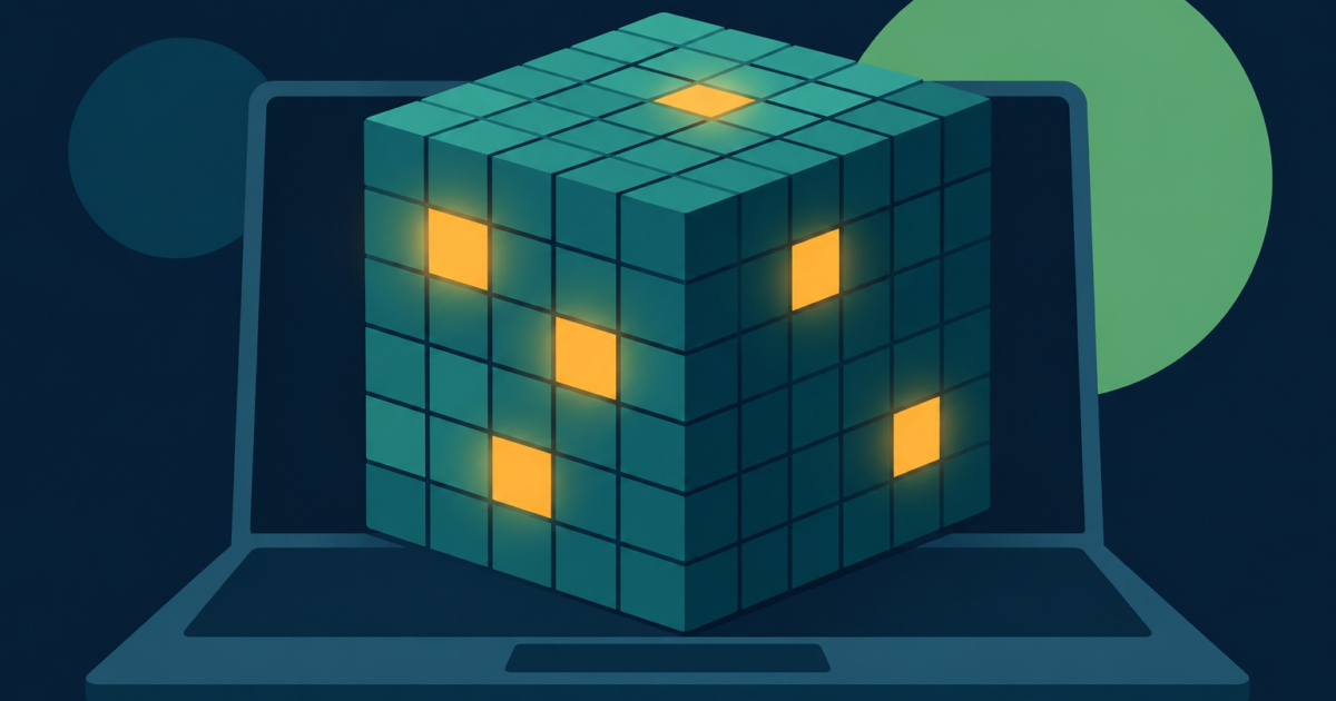 Abstract editorial illustration of a large teal block split into many small amber cells with only a few lit up, standing on a navy ground.
