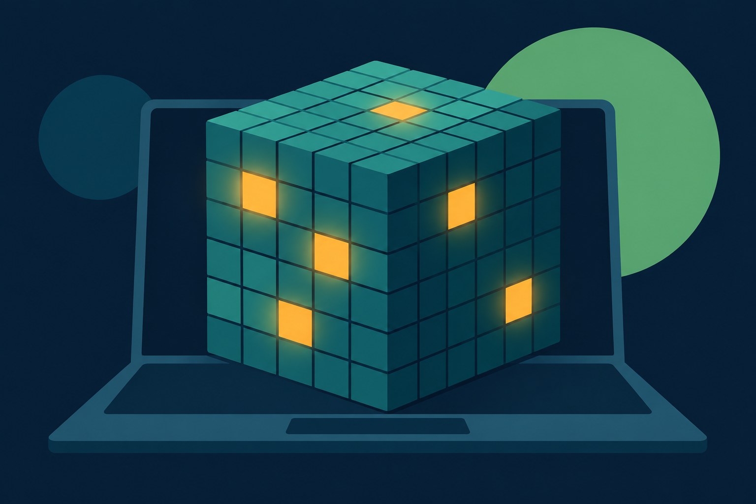 Abstract editorial illustration of a large teal cube made of small cells with only a few glowing amber, sitting inside a laptop silhouette on a navy ground.