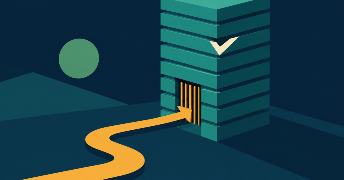 Abstract illustration of a tall teal stack of layered slabs on a navy ground, with an amber line curving back into the stack and stopping at a closed gate.