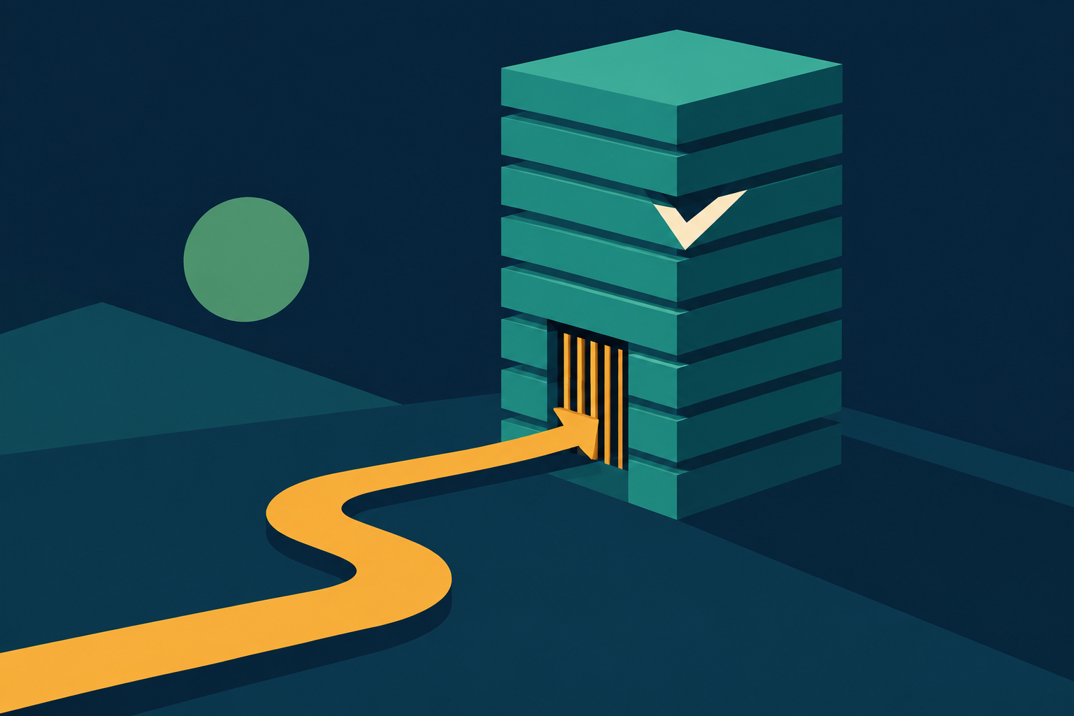 Abstract illustration of a tall teal stack of layered slabs on a navy ground, with an amber line curving back into the stack and stopping at a closed gate.