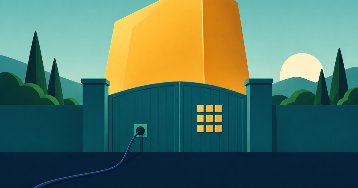 Abstract illustration of a huge amber monolith behind a closed teal gate with a grid of twelve squares, and a thin navy cable plugged into a socket in front, flat geometric shapes.