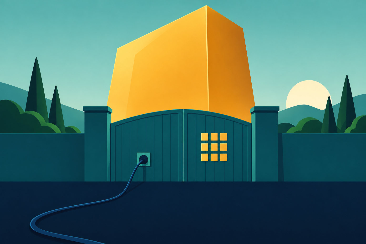Abstract illustration of a huge amber monolith behind a closed teal gate with a grid of twelve squares, and a thin navy cable plugged into a socket in front, flat geometric shapes.