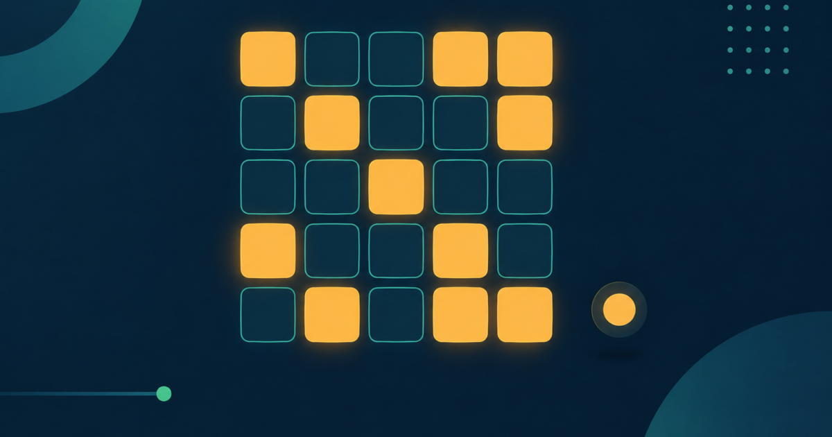Abstract editorial illustration of a grid of small squares where a few glow amber and most stay as dim teal outlines, with a small button shape beside them, on a navy ground.