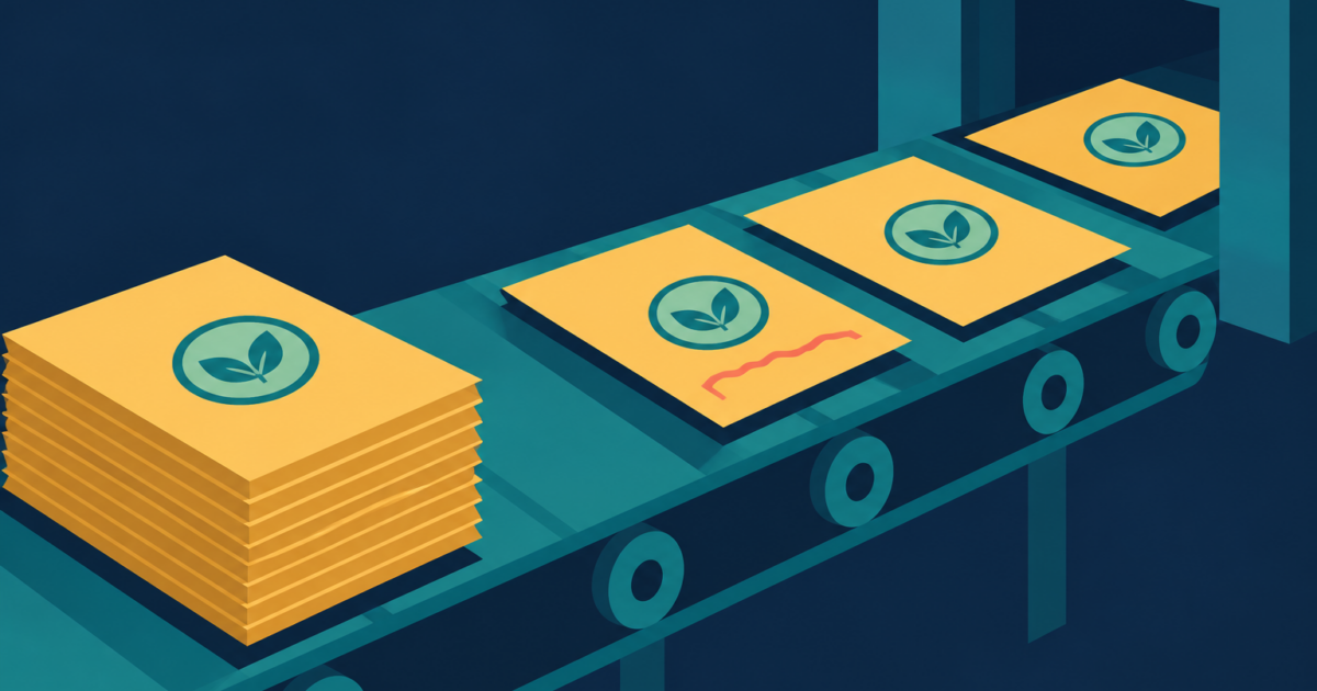Abstract illustration of amber paper sheets on a teal conveyor heading to a navy window, each stamped with a teal round mark, one sheet carrying a crooked coral line.