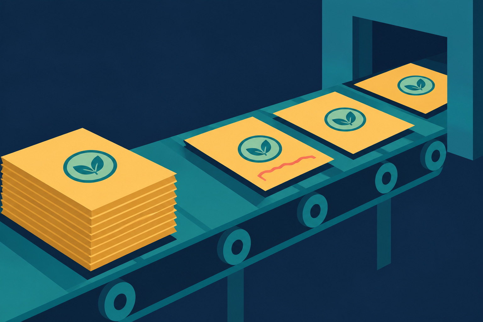 Abstract illustration of amber paper sheets on a teal conveyor heading to a navy window, each stamped with a teal round mark, one sheet carrying a crooked coral line.