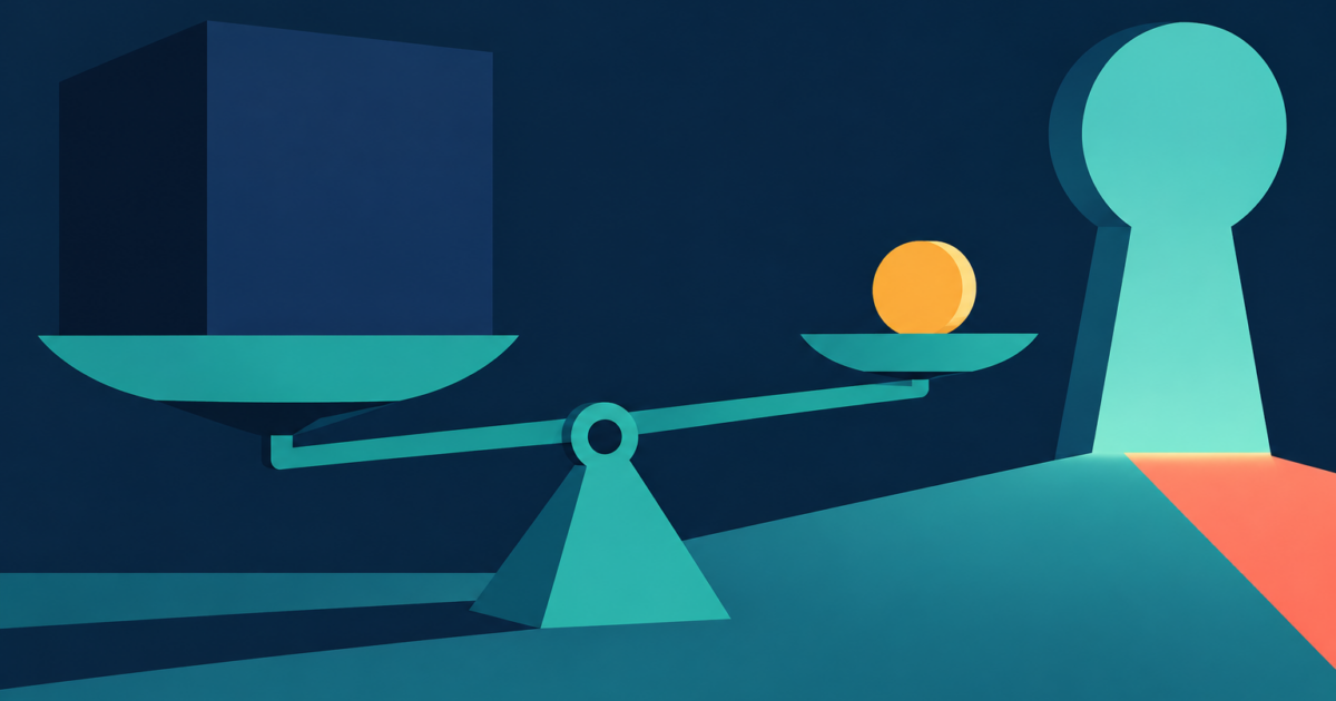 Abstract illustration of a huge navy block on a teal balance scale with a small amber coin on the other side and a keyhole-shaped gate in the background.