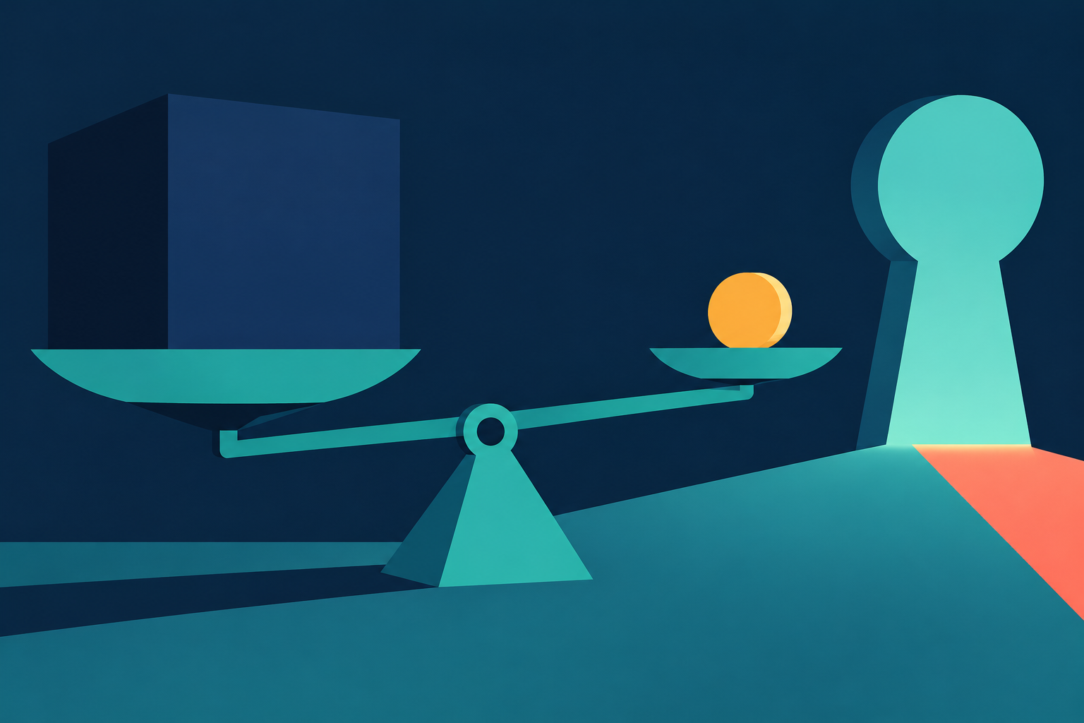 Abstract illustration of a huge navy block on a teal scale, with a small amber coin on the other side and a keyhole-shaped gate in the background.