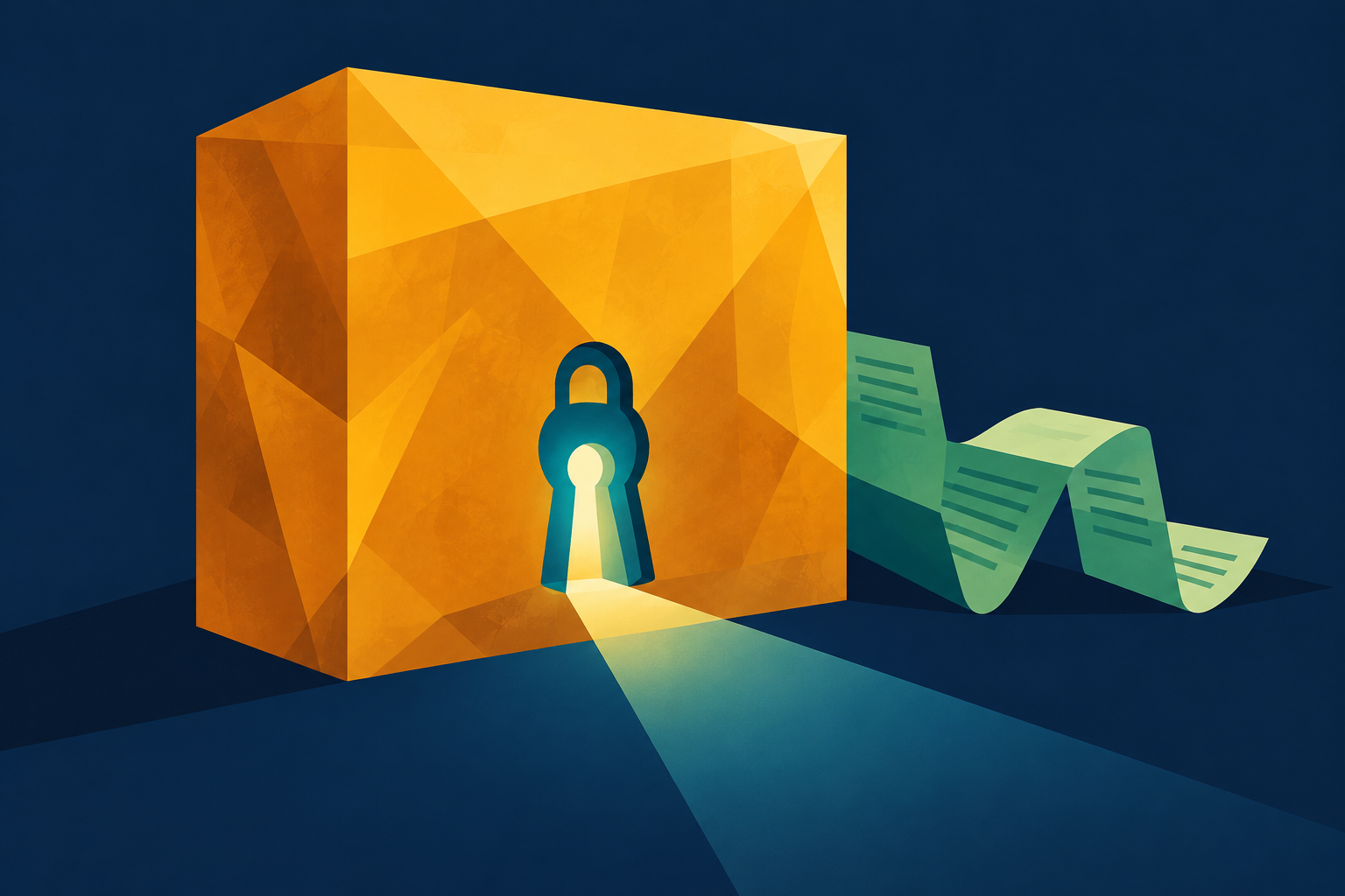 Abstract editorial illustration of a large amber block with a teal keyhole opening and light spilling onto a navy ground, a green folded paper ribbon beside it.