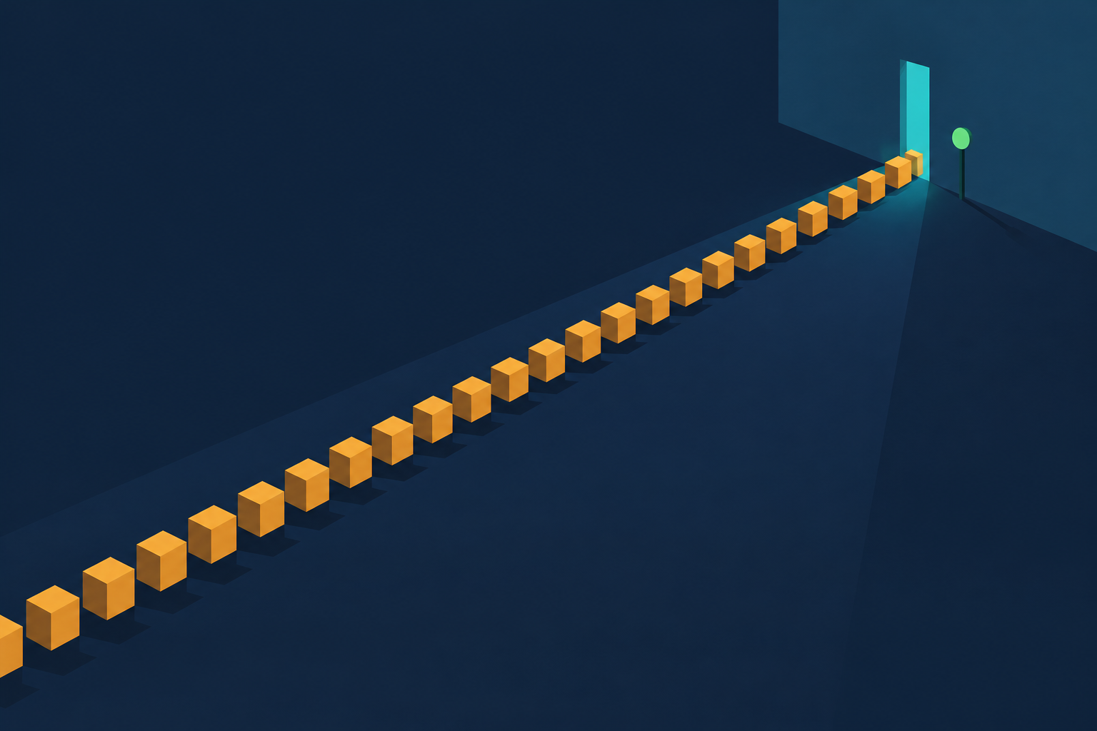 Abstract editorial illustration of many small amber squares queuing toward one narrow teal gate on a navy ground, with a single green marker beside the gate.