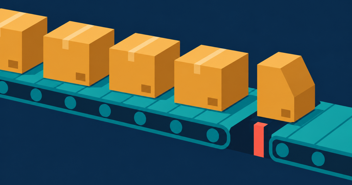 Abstract illustration of amber crates riding a teal conveyor, with one odd-shaped crate stopped at a narrow gap in the track while the rest pass through.