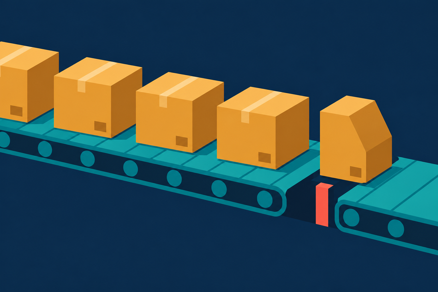Abstract illustration of amber crates riding a teal conveyor, with one odd-shaped crate stopped at a narrow gap in the track while the rest pass through.